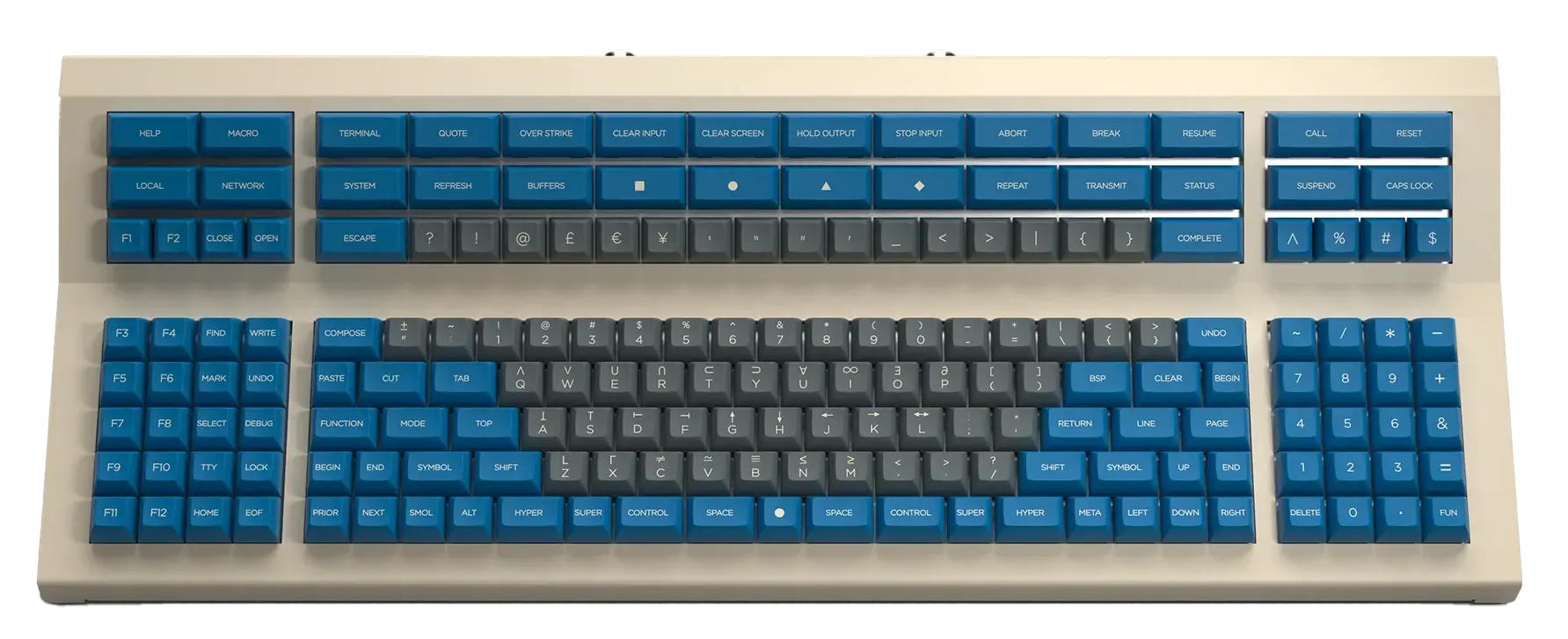 A photo (mockup) of the Hyper7 R4, an oversized keyboard with over 150 keys. The casing is beige, the letter- and number keys are dark grey while all other keys (modifiers, function keys etc.) are teal, a color choice inspired by the Space Cadet Keyboard. Aside from the usual main block of five rows of keys and a number block to the right of it, the keyboard also has an additional block of function keys to the left and three more rows of keys (again split into a bigger central block and two smaller blocks flanking it) on top.