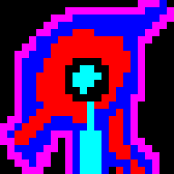 Abstract red, blue, cyan, magenta, snd black pixel art