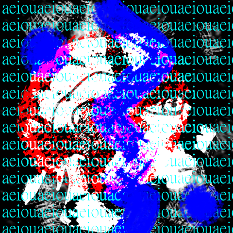 Abstract image with a face and text that says "aeiou" repeated