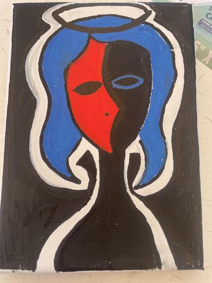 Black and red angel with a blue hair outlined in white on a black background 
