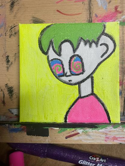 yellow background, person with white skin, multicolored eyes, green hair, pink shirt