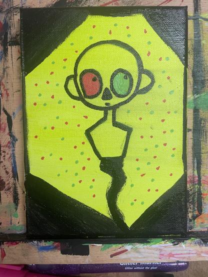 Figure of a person with red and green eyes on a neon yellow background with black borders, surrounded by red and green dots