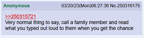 Anonymous 03/20/23(Mon)06:27:36 No.250316175
>>250315721

Very normal thing to say, call a family member and read
what you typed out loud to them when you get the chance
