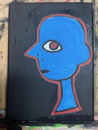Profile view of person with blue skin and red eyes, res outline, black background