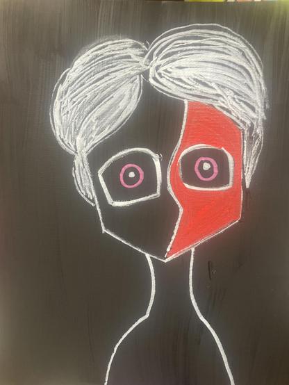 Person with a half black, half red face, white outline, black background 