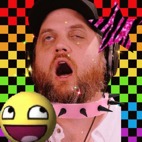 The quartering on a rainbow background with a pink spiked choker, scenecore edit
