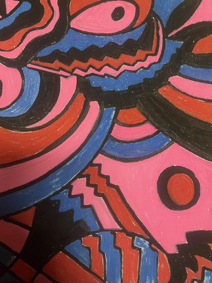 Pink, red, blue, and black zentangle on canvas 