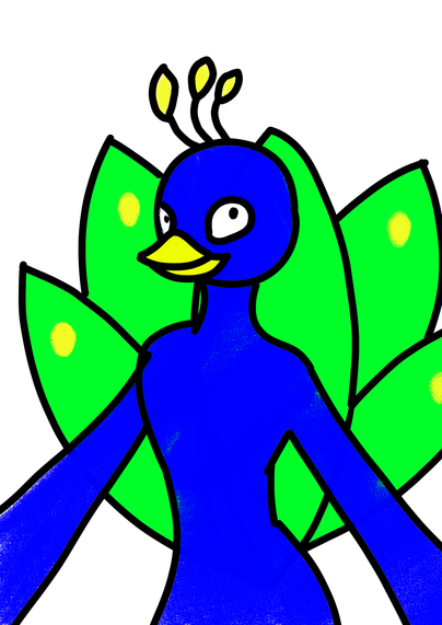 Anthropomorphic male peacock in a cartoony style 