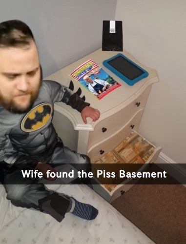 The quartering in the “mom found the piss drawer” meme labeled “Wife found the piss basement”