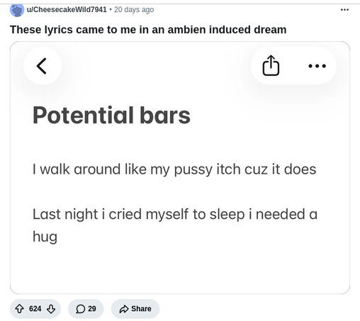 u/CheesecakeWila 20 days ago -

These lyrics came to me in an ambien induced dream

Potential bars
| walk around like my pussy itch cuz it does
Last night i cried myself to sleep i needed a
hug


