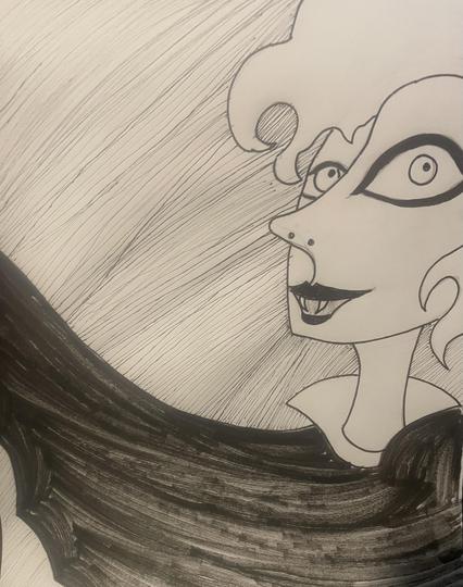 Stylized pen and ink drawing of a Vampire holding his arm out