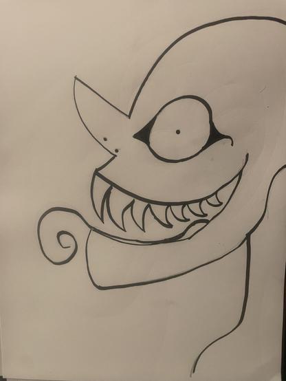 Profile view of a humanoid monster with giant pointy teeth and a thin, curly tongue 