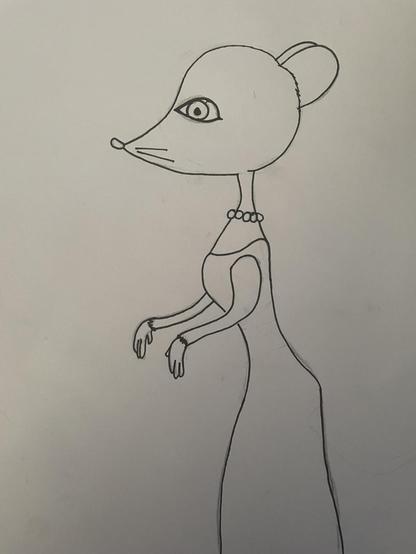 Ink drawing of a rat in a dress and pearl necklace